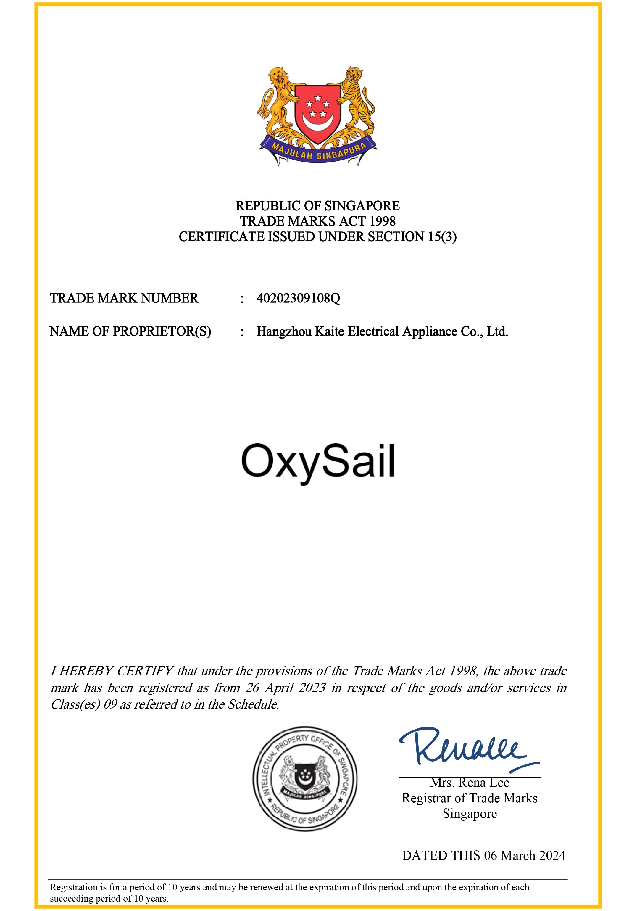 OxySail 9类 40202309108Q新加坡商标证书